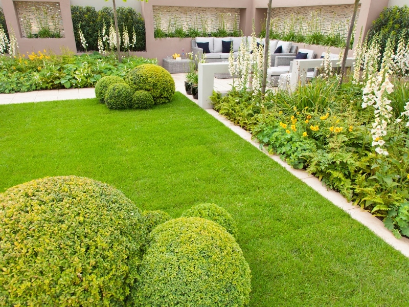 A lush lawn, shaped hedges, and stylish patio showing why many homeowners need landscaping help

