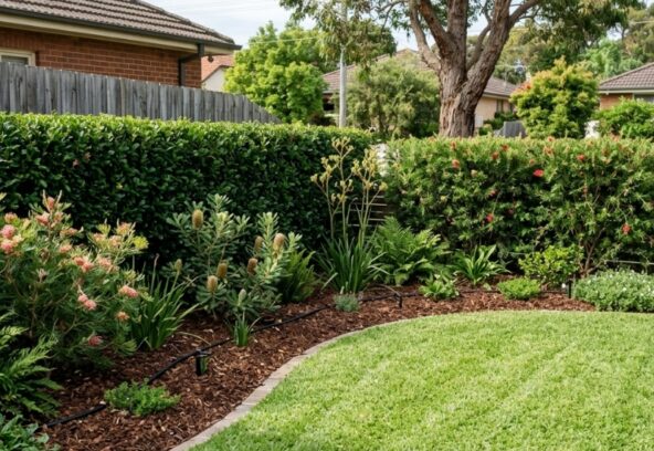 Well-kept residential garden showing professional landscaping maintenance with mown lawn, mulched garden beds, trimmed hedges, and native Australian plants.