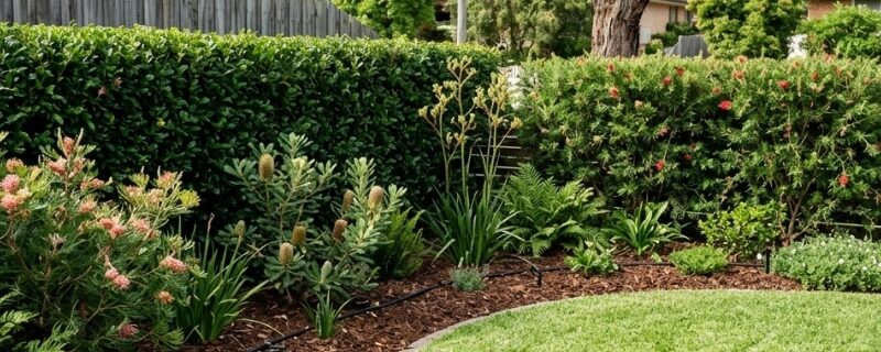 Well-kept residential garden showing professional landscaping maintenance with mown lawn, mulched garden beds, trimmed hedges, and native Australian plants.