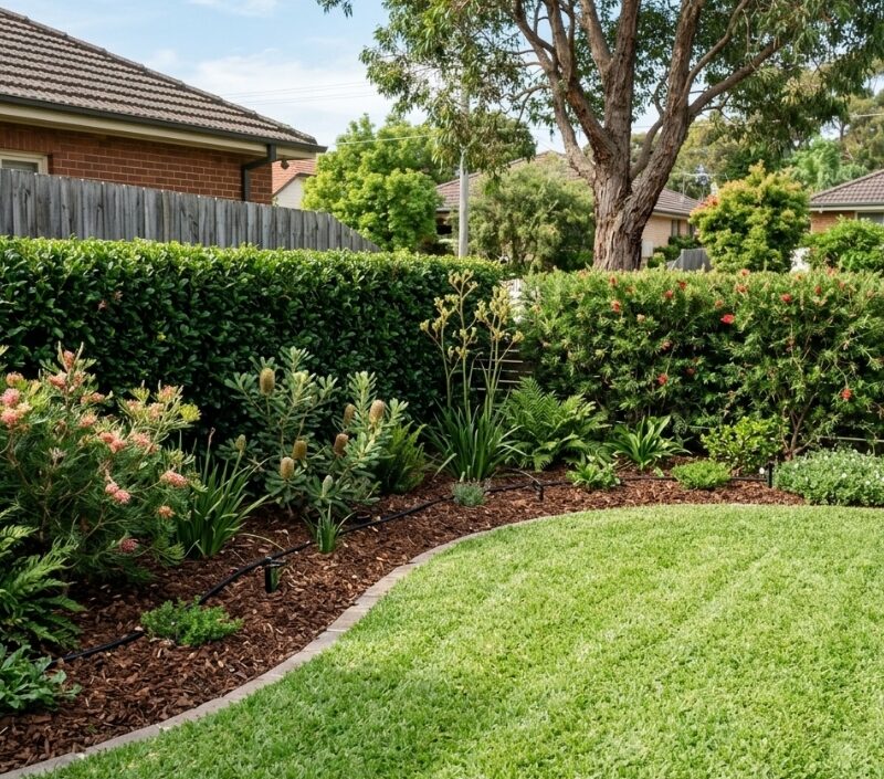 Well-kept residential garden showing professional landscaping maintenance with mown lawn, mulched garden beds, trimmed hedges, and native Australian plants.