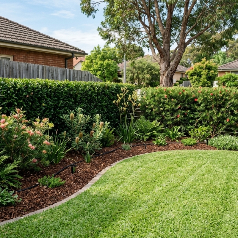 Well-kept residential garden showing professional landscaping maintenance with mown lawn, mulched garden beds, trimmed hedges, and native Australian plants.