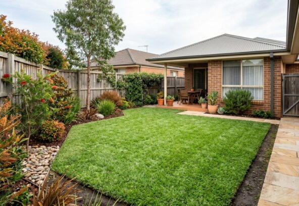 When Is the Best Time to Lay Turf in Sydney Freshly laid turf establishing in a Sydney backyard during mild autumn weather