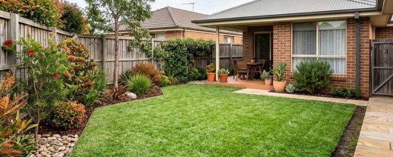 Freshly laid turf establishing in a Sydney backyard during mild autumn weather