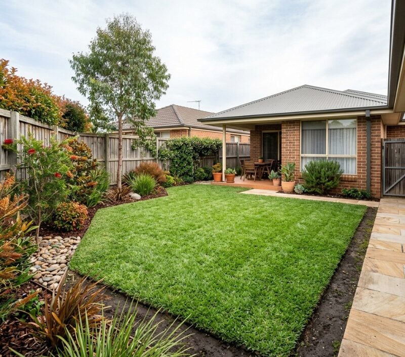 Freshly laid turf establishing in a Sydney backyard during mild autumn weather