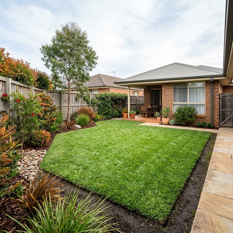 Freshly laid turf establishing in a Sydney backyard during mild autumn weather