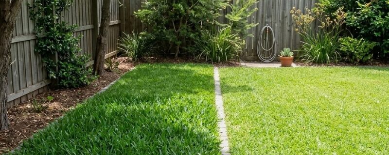 Sir Walter buffalo and kikuyu turf in a Sydney backyard with shade and full sun