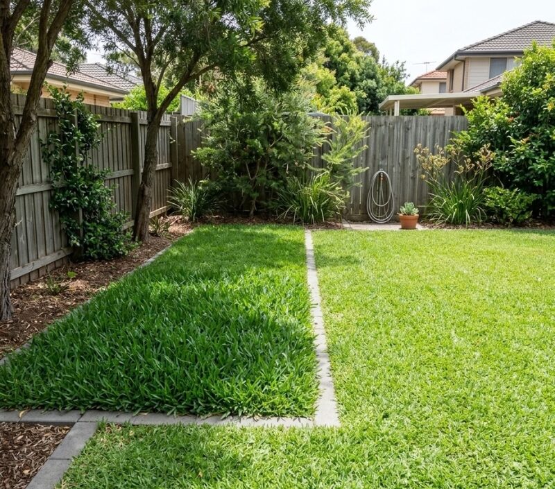 Sir Walter buffalo and kikuyu turf in a Sydney backyard with shade and full sun